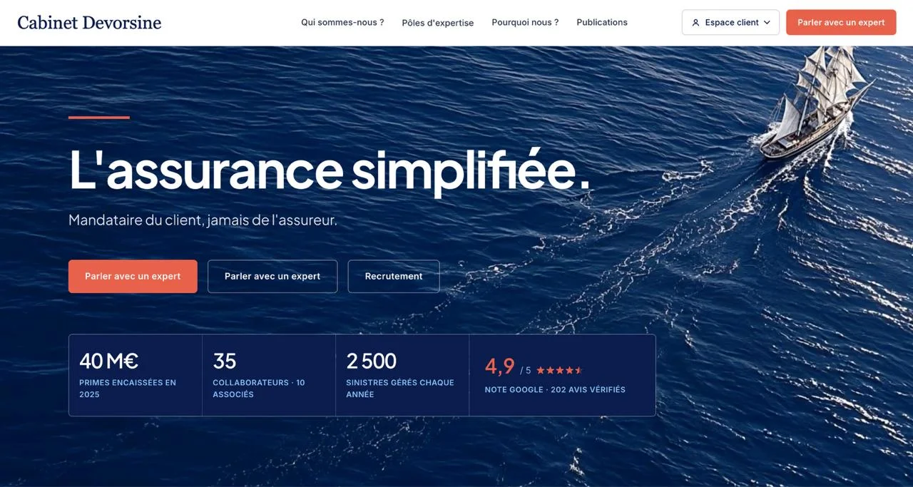 Devorsine.com en 2026 — design system marine/corail, 6 pôles, hero vidéo