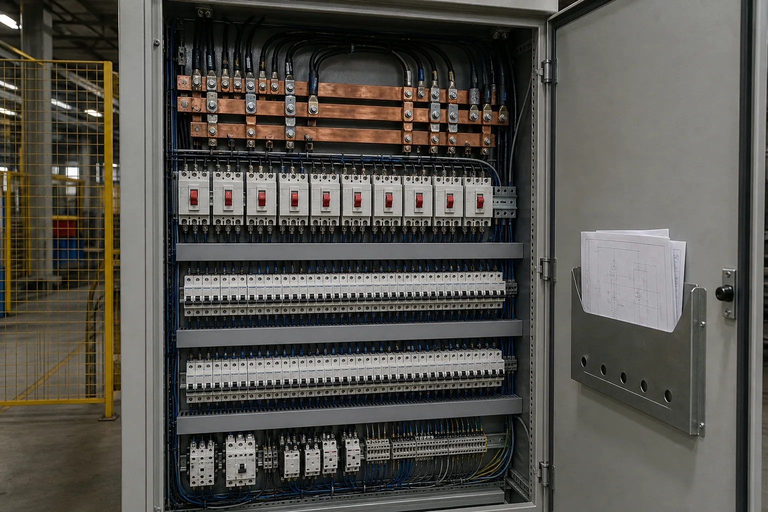 Armoire électrique industrielle ouverte, tableau de distribution.