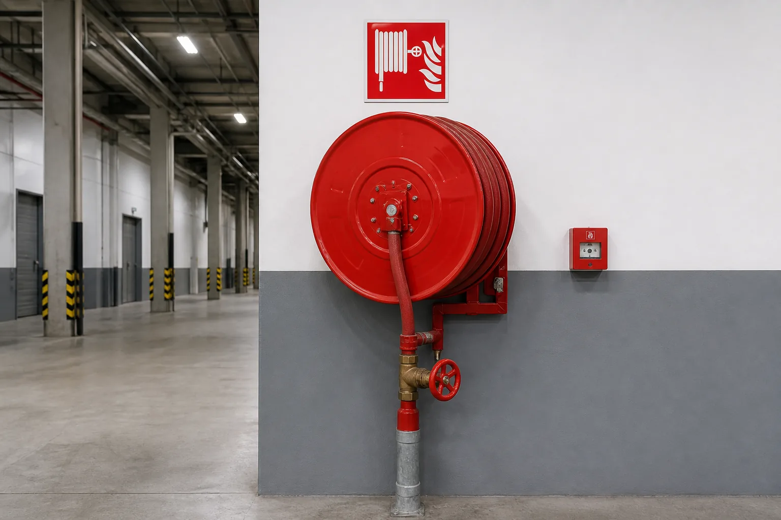 Robinet d'incendie armé (RIA) monté sur un mur d'entrepôt.