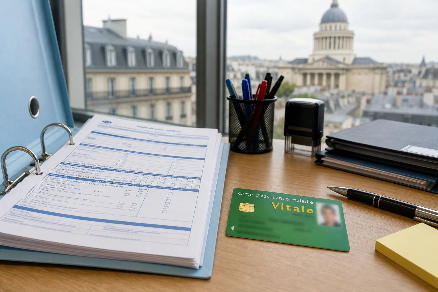 Bureau avec Carte Vitale et dossier de complémentaire santé.